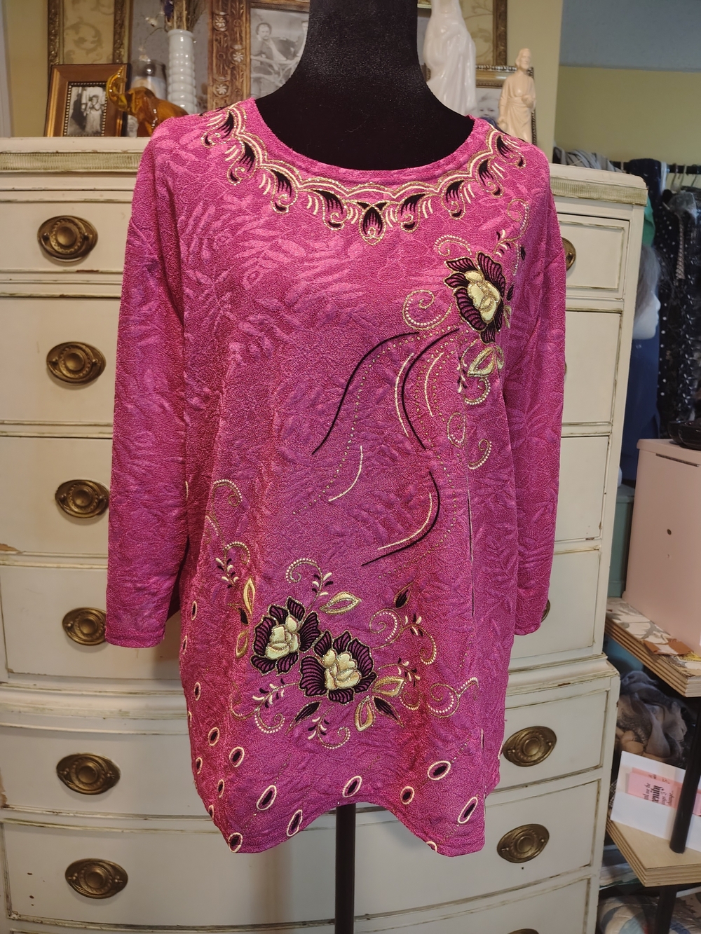 Vintage 80s Embroidered Beaded Gold Fuchsia Top